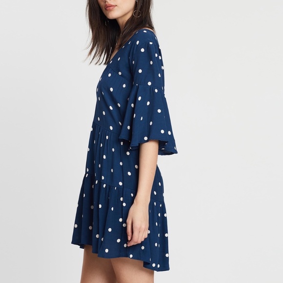 Faithfull the Brand Navy Blue Vintage Fresa White Polka Dot Dress Size 4 - Picture 2 of 12